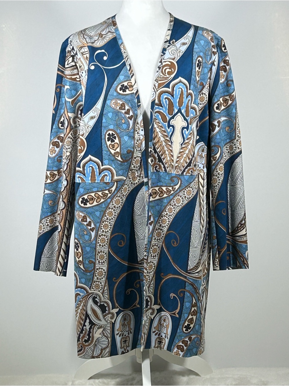 Chico’s Faux Suede Paisley Topper Duster Jacket Blue Brown Open Front